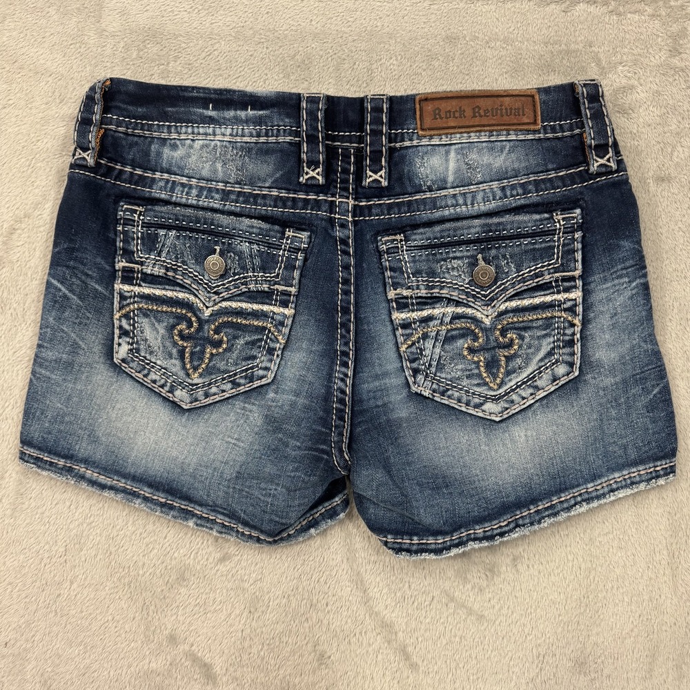 Rock Revival Jean Shorts Women's 28 Easy Distressed Mid Rise Frayed Stitch Faded